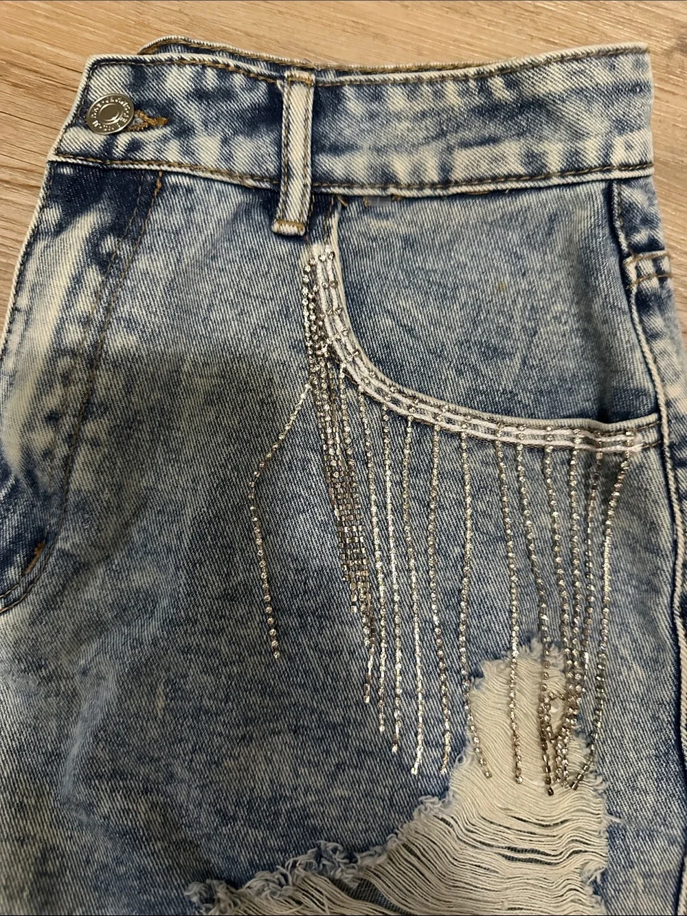 Rhinestone Fringe Distressed Denim Shorts - Blue
